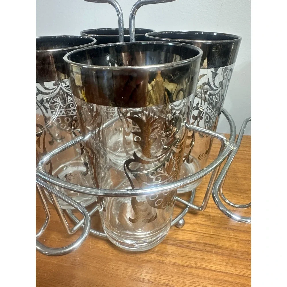 Vintage Kimiko Knight Highball Glass 4 Tumbler‎ Set w/ Caddy Knight Barware MCM